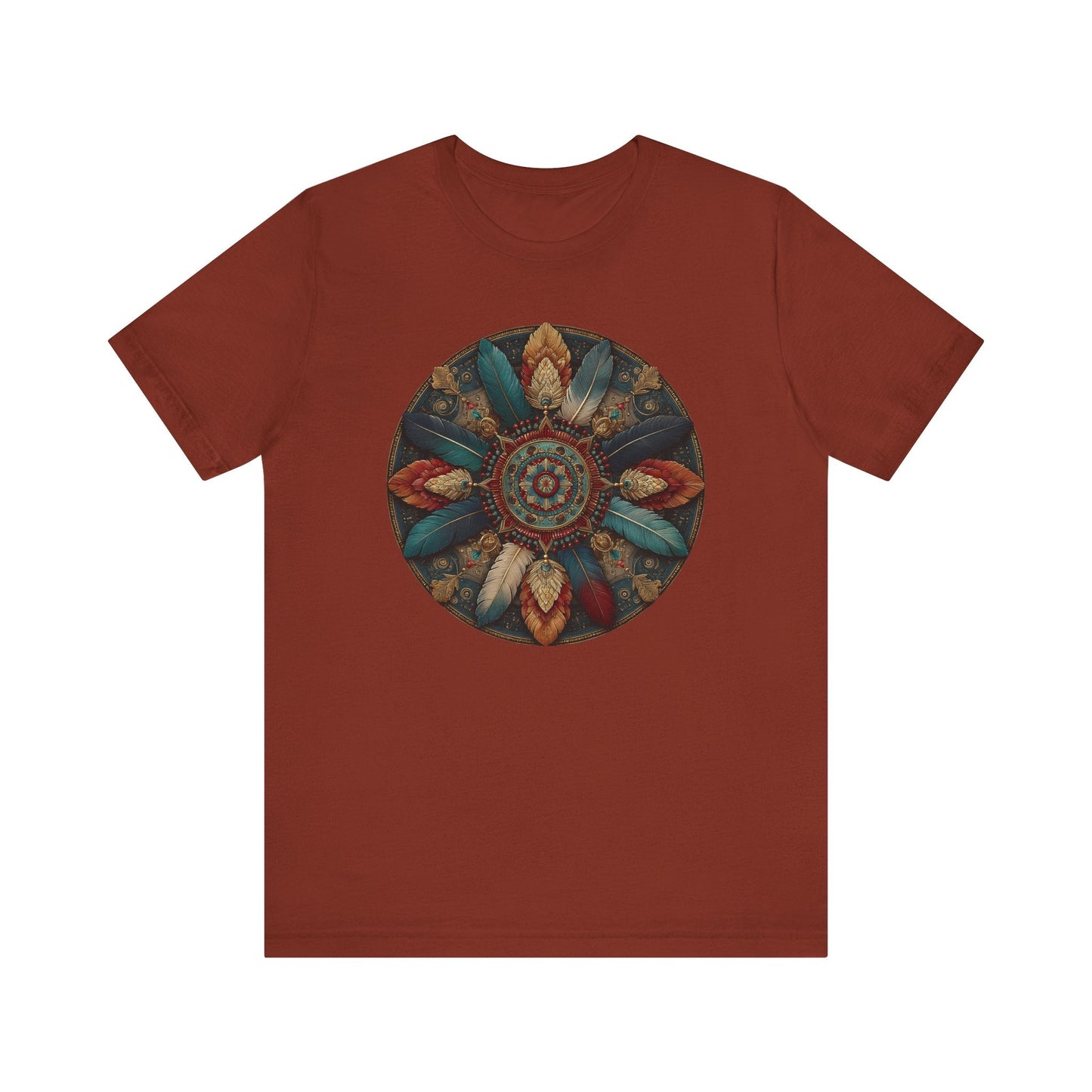 Feather Mandala T-Shirt –Native American Boho Tribute Art Tee in Rich Earthy Colors - FlooredByArt