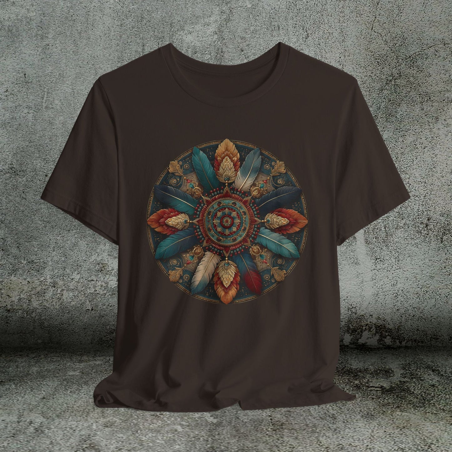 Feather Mandala T-Shirt –Native American Boho Tribute Art Tee in Rich Earthy Colors - FlooredByArt