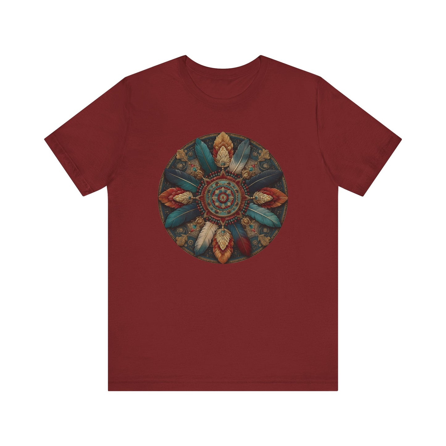 Feather Mandala T-Shirt –Native American Boho Tribute Art Tee in Rich Earthy Colors - FlooredByArt