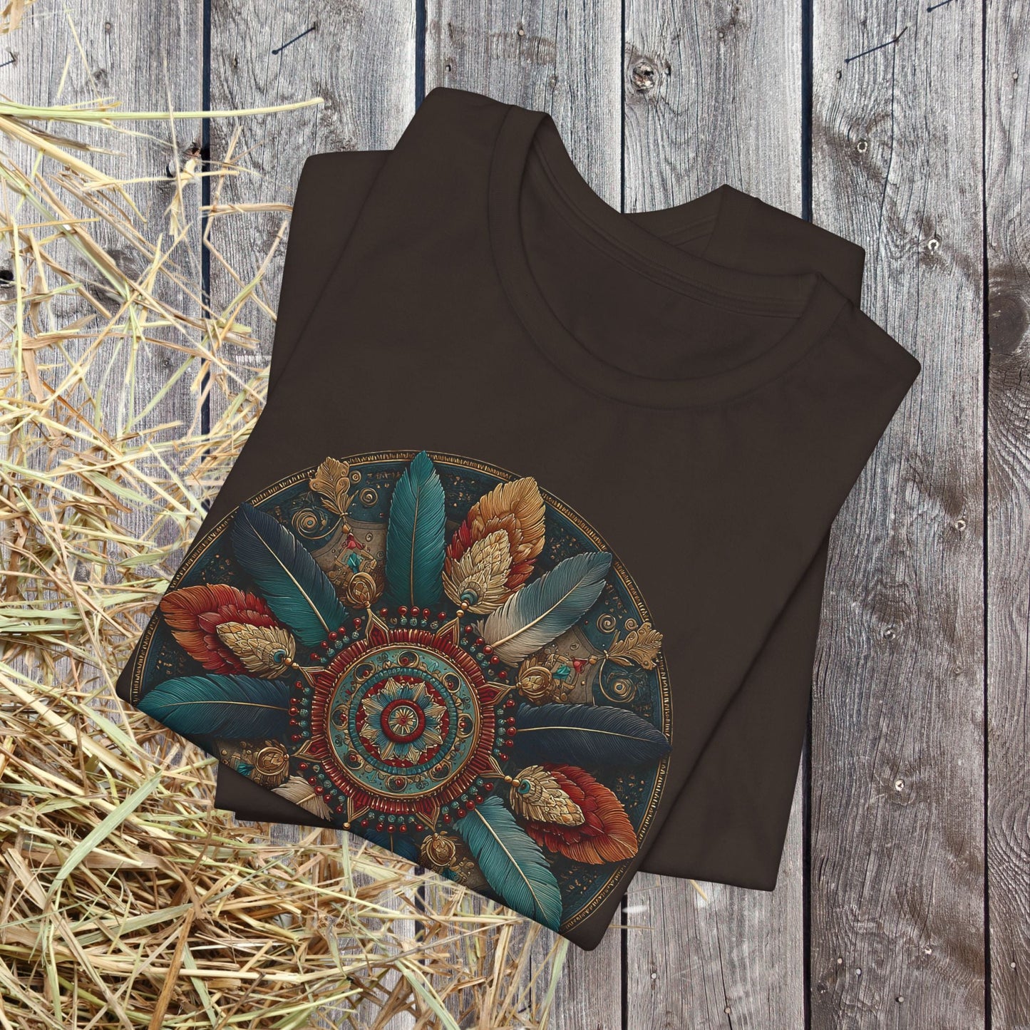 Feather Mandala T-Shirt –Native American Boho Tribute Art Tee in Rich Earthy Colors - FlooredByArt