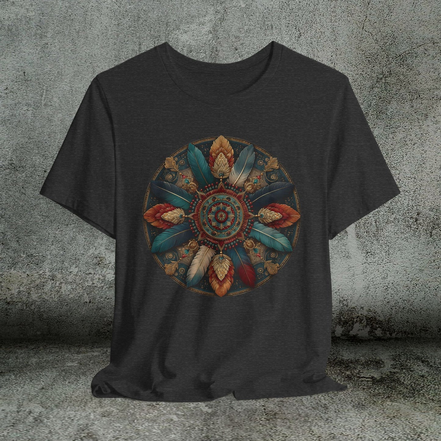 Feather Mandala T-Shirt –Native American Boho Tribute Art Tee in Rich Earthy Colors - FlooredByArt