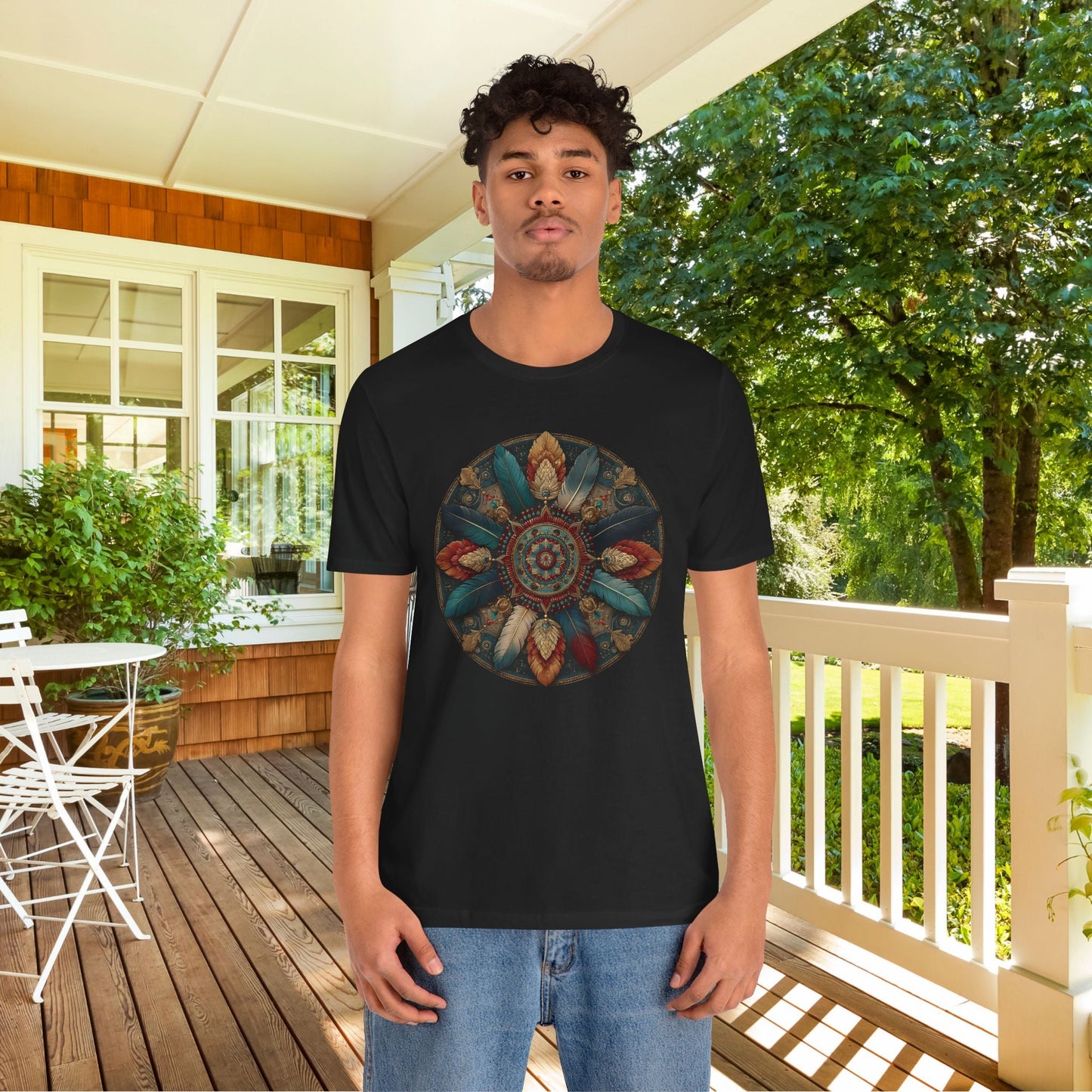 Feather Mandala T-Shirt –Native American Boho Tribute Art Tee in Rich Earthy Colors - FlooredByArt