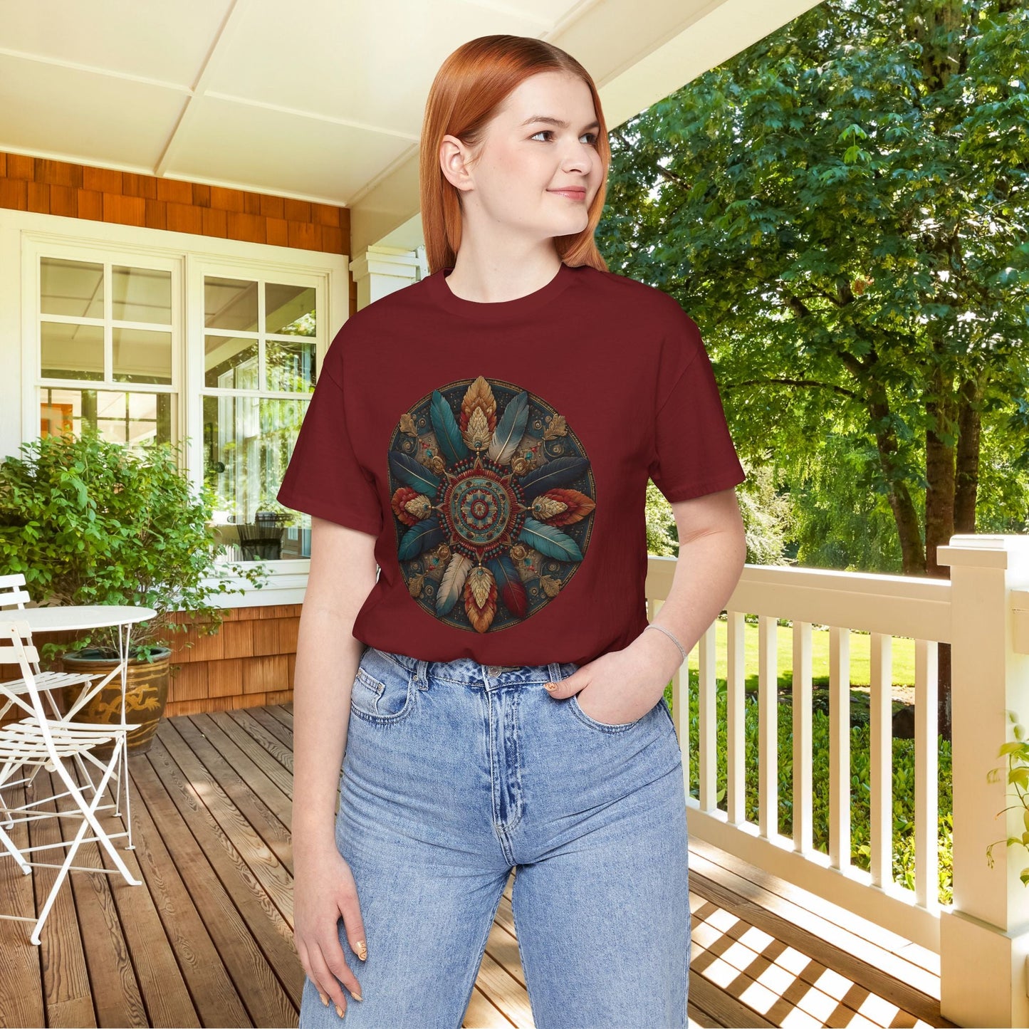 Feather Mandala T-Shirt –Native American Boho Tribute Art Tee in Rich Earthy Colors - FlooredByArt