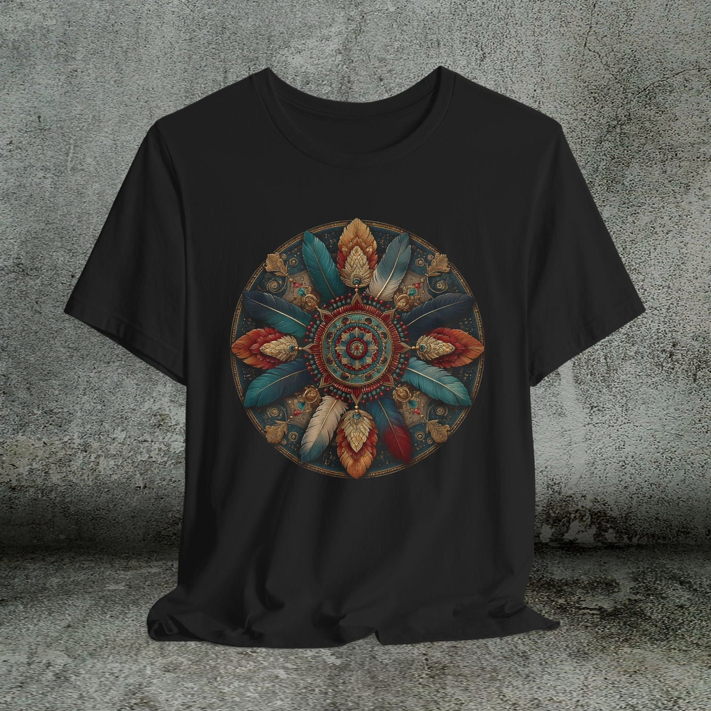 Feather Mandala T-Shirt –Native American Boho Tribute Art Tee in Rich Earthy Colors - FlooredByArt