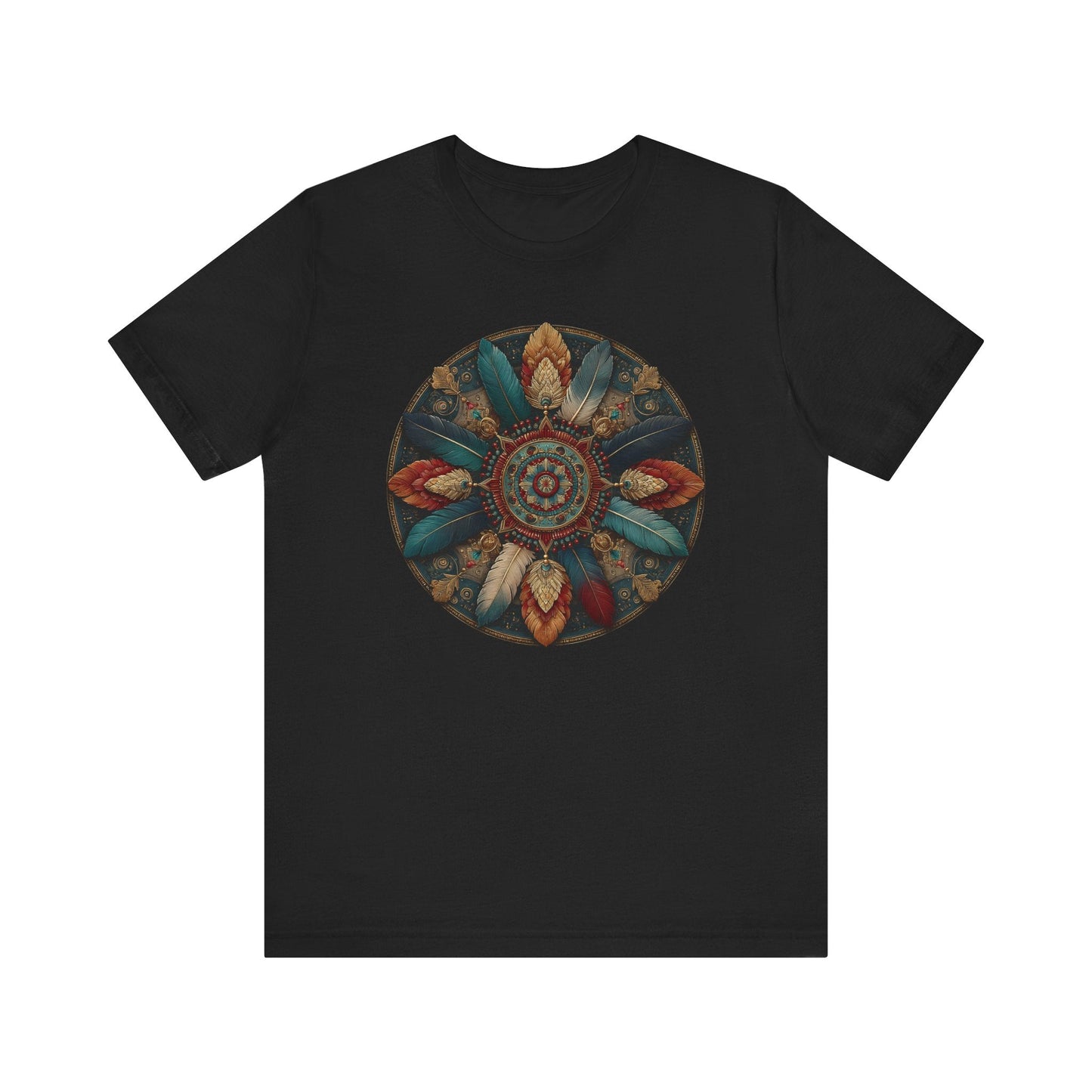Feather Mandala T-Shirt –Native American Boho Tribute Art Tee in Rich Earthy Colors - FlooredByArt