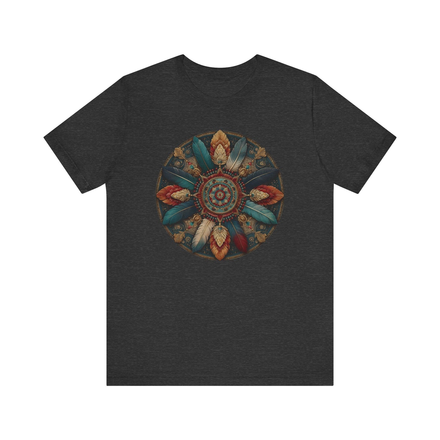 Feather Mandala T-Shirt –Native American Boho Tribute Art Tee in Rich Earthy Colors - FlooredByArt