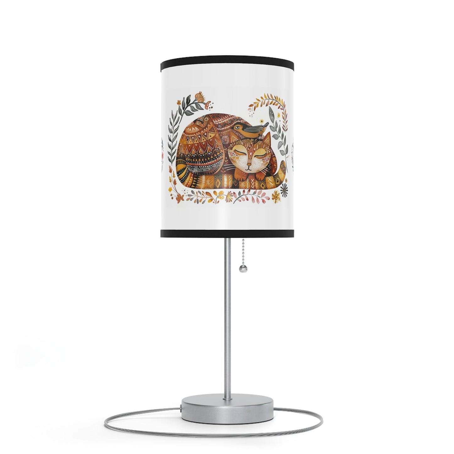 Folk Art Cat Bird Lamp, Scandinavian Style Cat Accent Lamp, Perfect Boho Decor - FlooredByArt