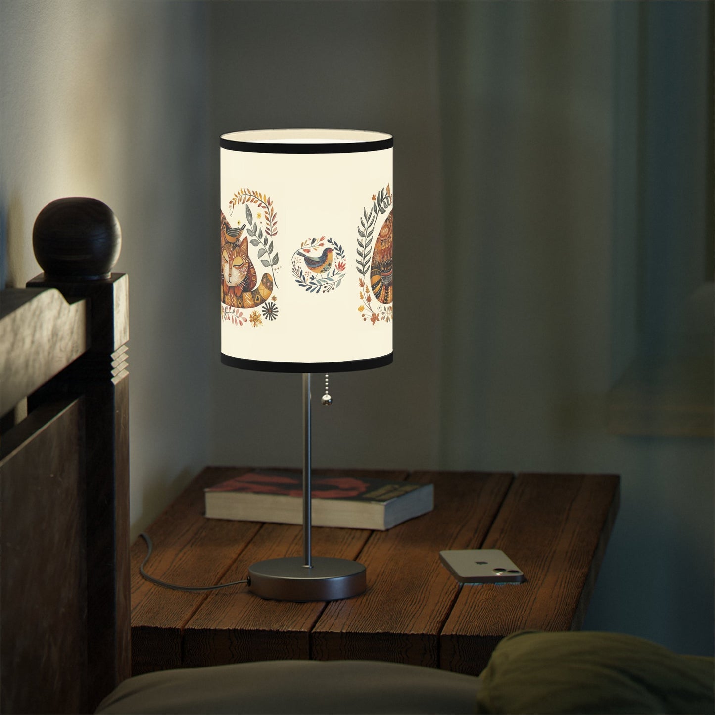 Folk Art Cat Bird Lamp, Scandinavian Style Cat Accent Lamp, Perfect Boho Decor - FlooredByArt