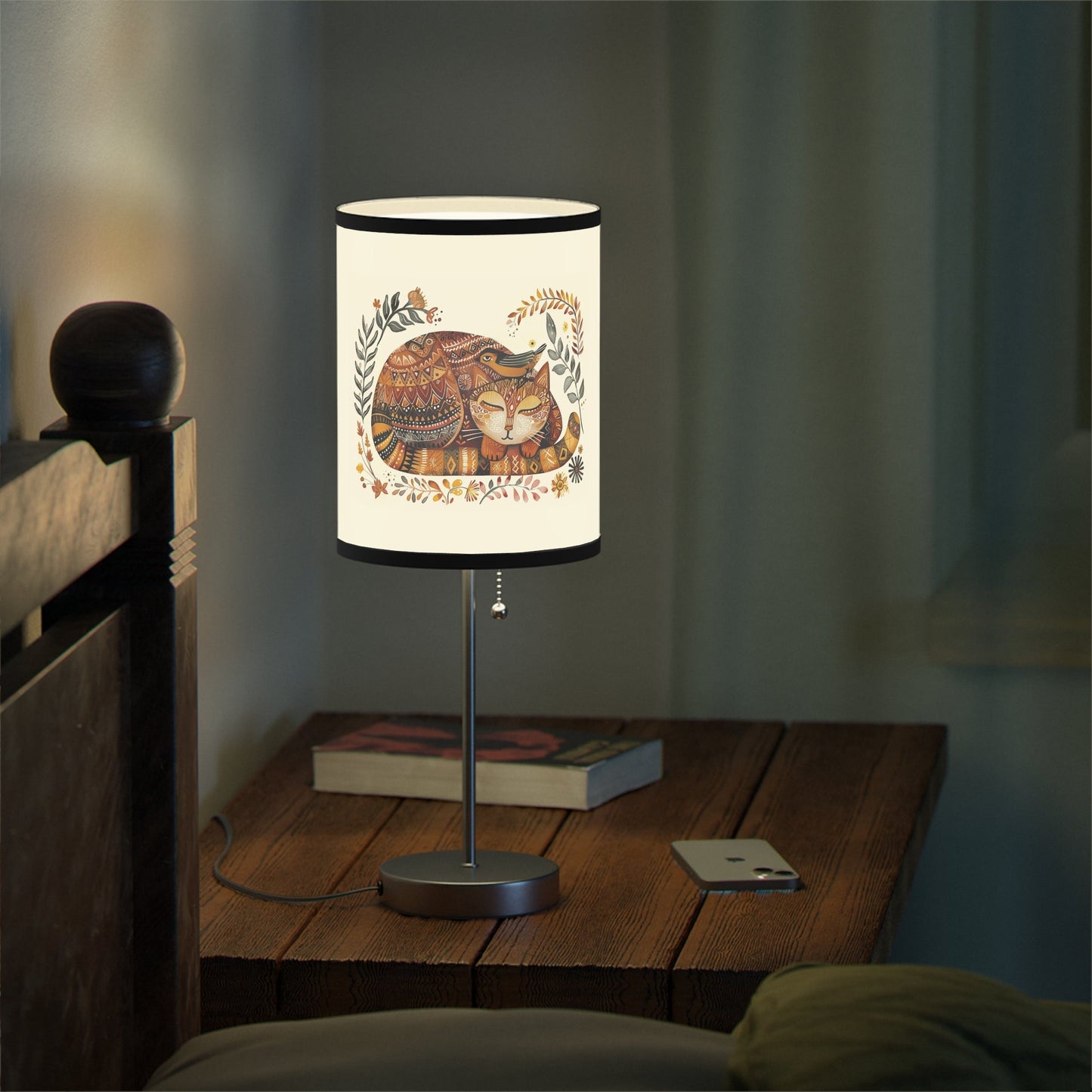 Folk Art Cat Bird Lamp, Scandinavian Style Cat Accent Lamp, Perfect Boho Decor - FlooredByArt