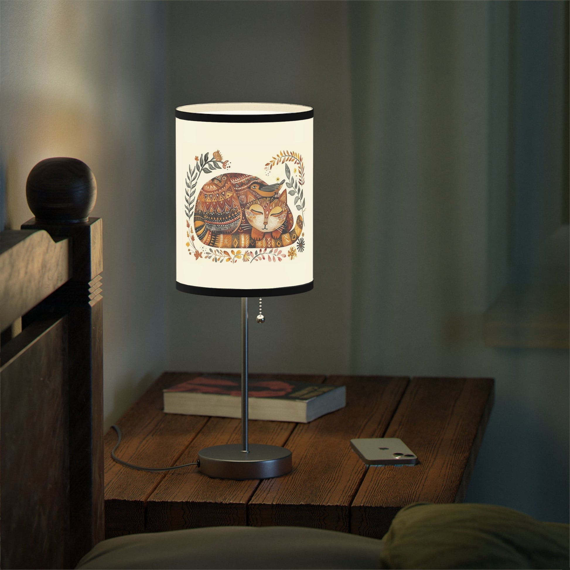 Folk Art Cat Bird Lamp, Scandinavian Style Cat Accent Lamp, Perfect Boho Decor - FlooredByArt