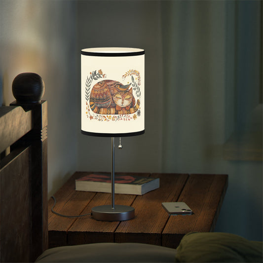 Folk Art Cat Bird Lamp, Scandinavian Style Cat Accent Lamp, Perfect Boho Decor - FlooredByArt