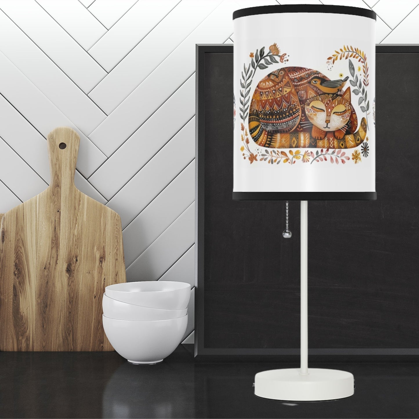 Folk Art Cat Bird Lamp, Scandinavian Style Cat Accent Lamp, Perfect Boho Decor - FlooredByArt