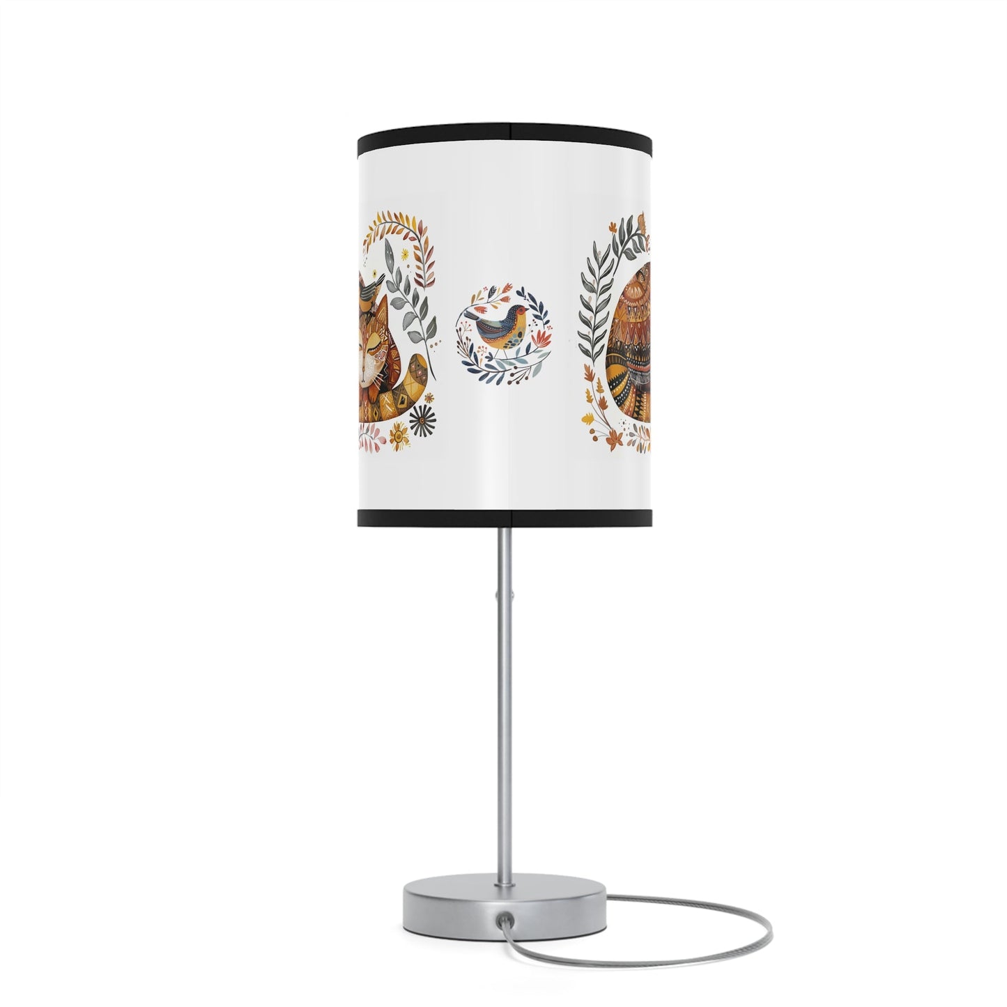Folk Art Cat Bird Lamp, Scandinavian Style Cat Accent Lamp, Perfect Boho Decor - FlooredByArt