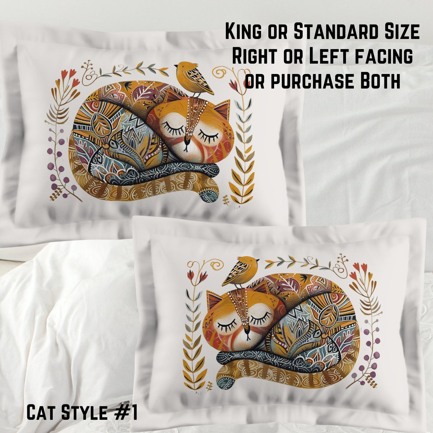 Folk Art Cat Pillow Sham, Whimsical Scandinavian Style Pillow Sham, Cat & Bird in Garden - FlooredByArt