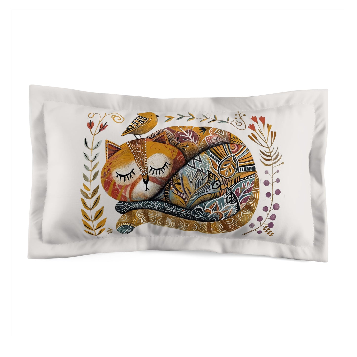 Folk Art Cat Pillow Sham, Whimsical Scandinavian Style Pillow Sham, Cat & Bird in Garden - FlooredByArt