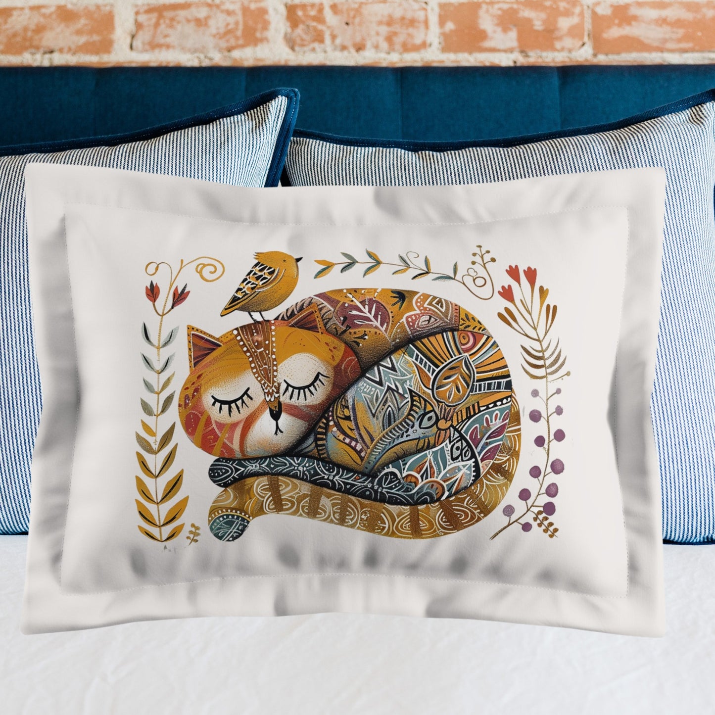 Folk Art Cat Pillow Sham, Whimsical Scandinavian Style Pillow Sham, Cat & Bird in Garden - FlooredByArt