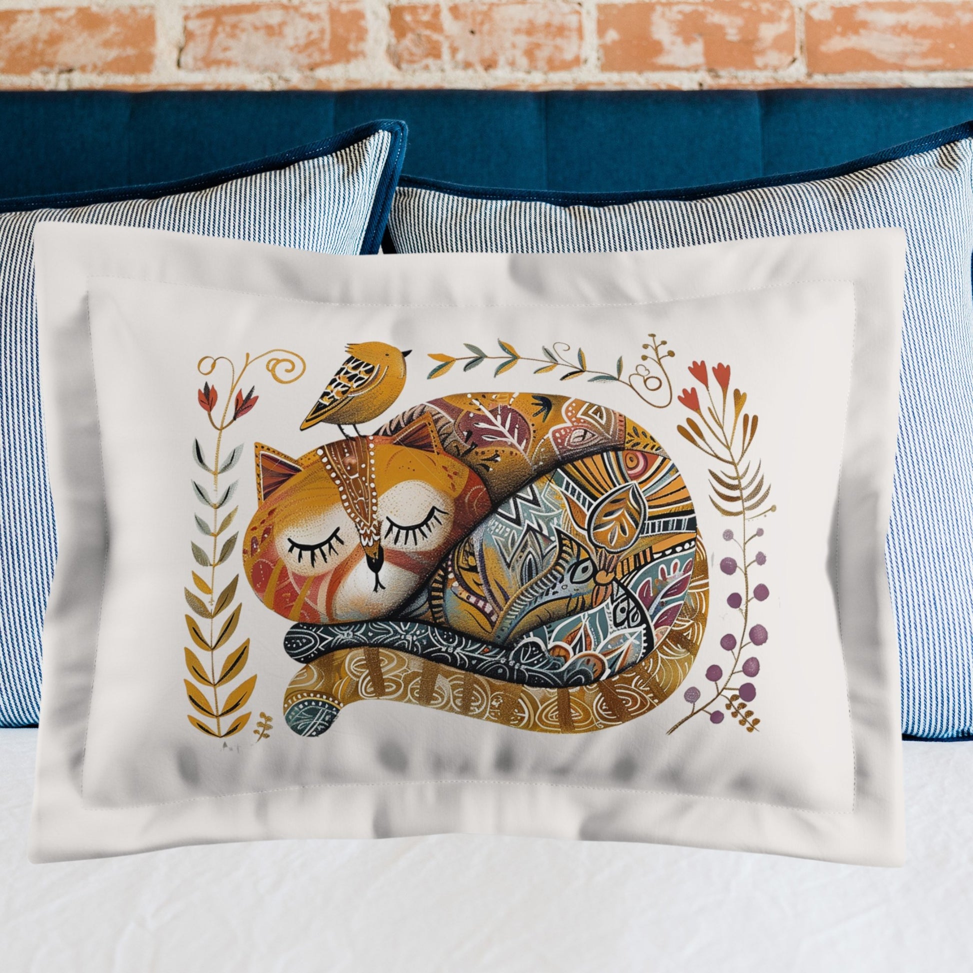 Folk Art Cat Pillow Sham, Whimsical Scandinavian Style Pillow Sham, Cat & Bird in Garden - FlooredByArt