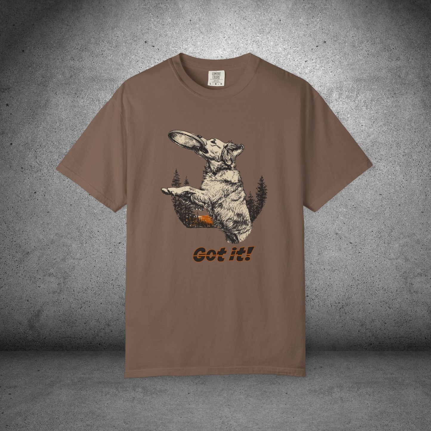 Frisbee Dog Comfort Colors Tee - Jumping Dog Frisbee Sport Graphic Shirt, Gift for Dog Dads - FlooredByArt