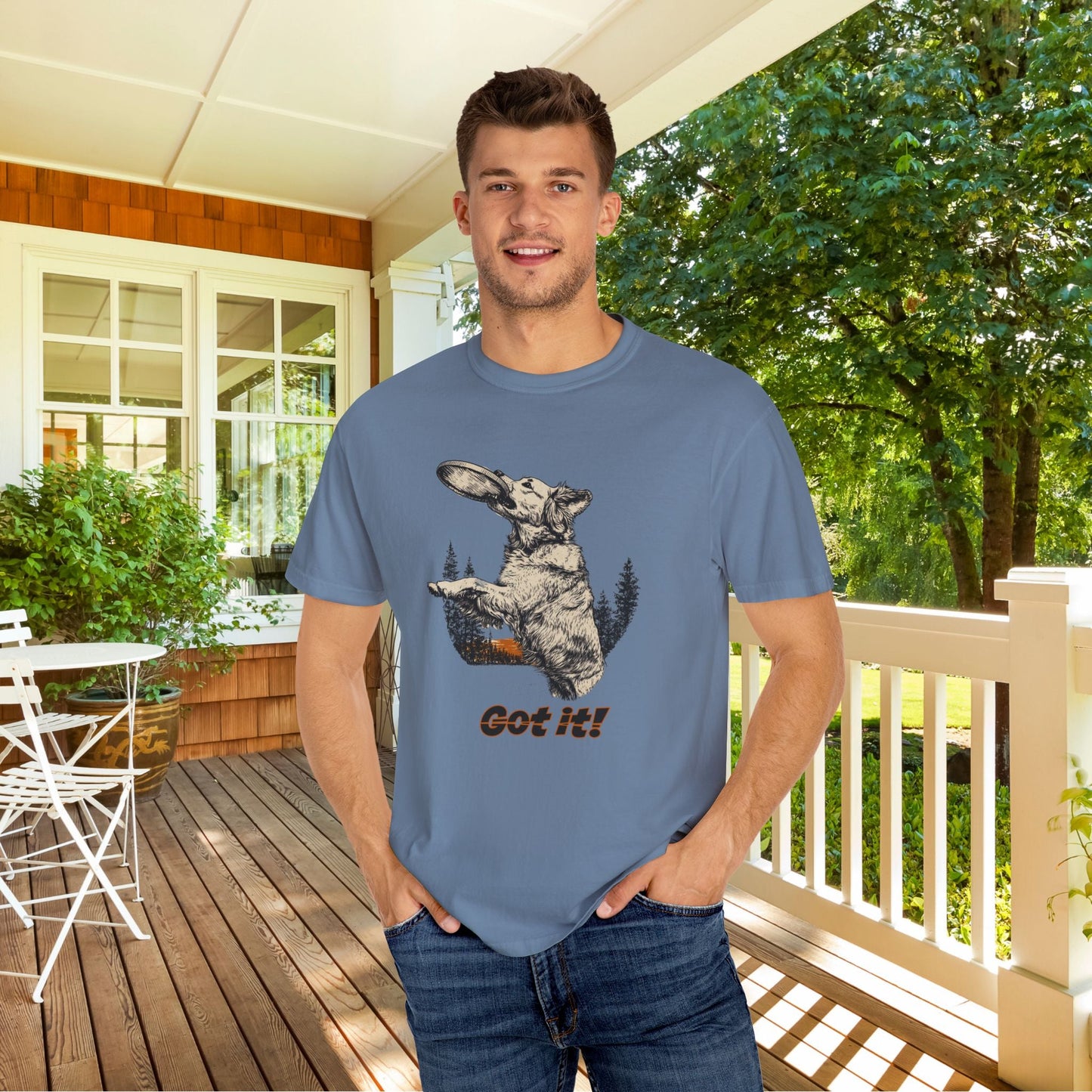Frisbee Dog Comfort Colors Tee - Jumping Dog Frisbee Sport Graphic Shirt, Gift for Dog Dads - FlooredByArt