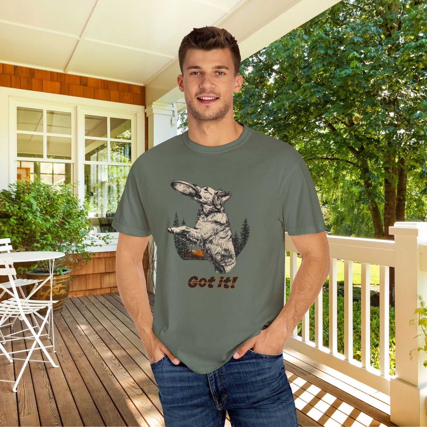 Frisbee Dog Comfort Colors Tee - Jumping Dog Frisbee Sport Graphic Shirt, Gift for Dog Dads - FlooredByArt