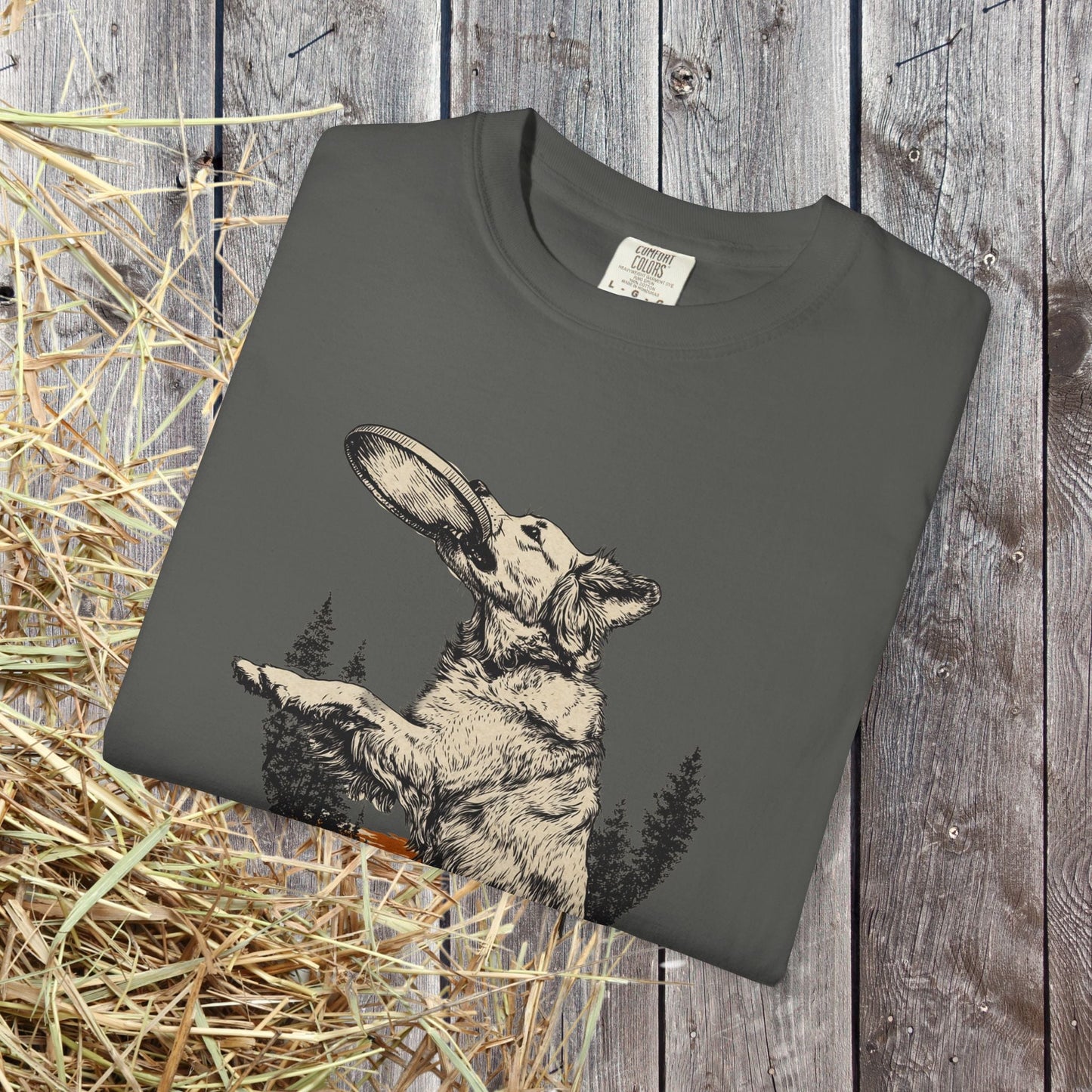 Frisbee Dog Comfort Colors Tee - Jumping Dog Frisbee Sport Graphic Shirt, Gift for Dog Dads - FlooredByArt
