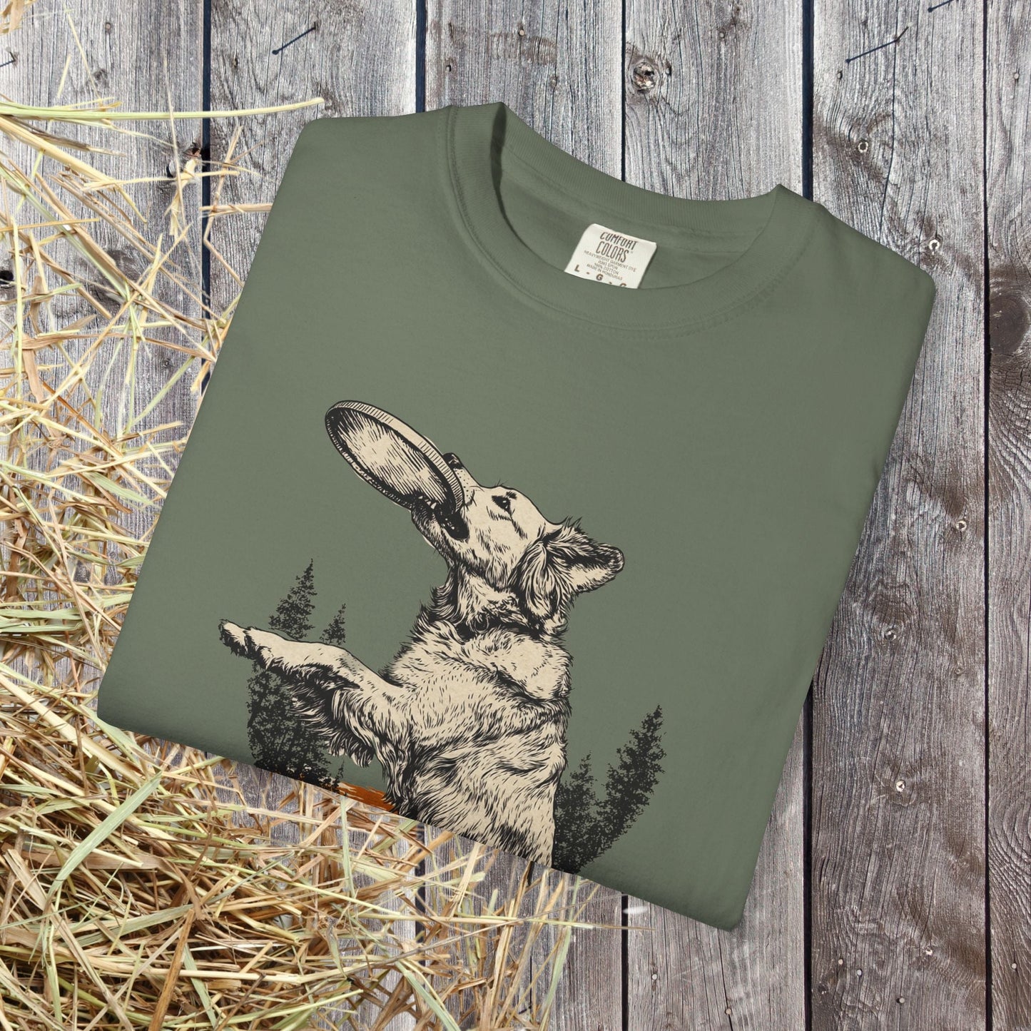 Frisbee Dog Comfort Colors Tee - Jumping Dog Frisbee Sport Graphic Shirt, Gift for Dog Dads - FlooredByArt