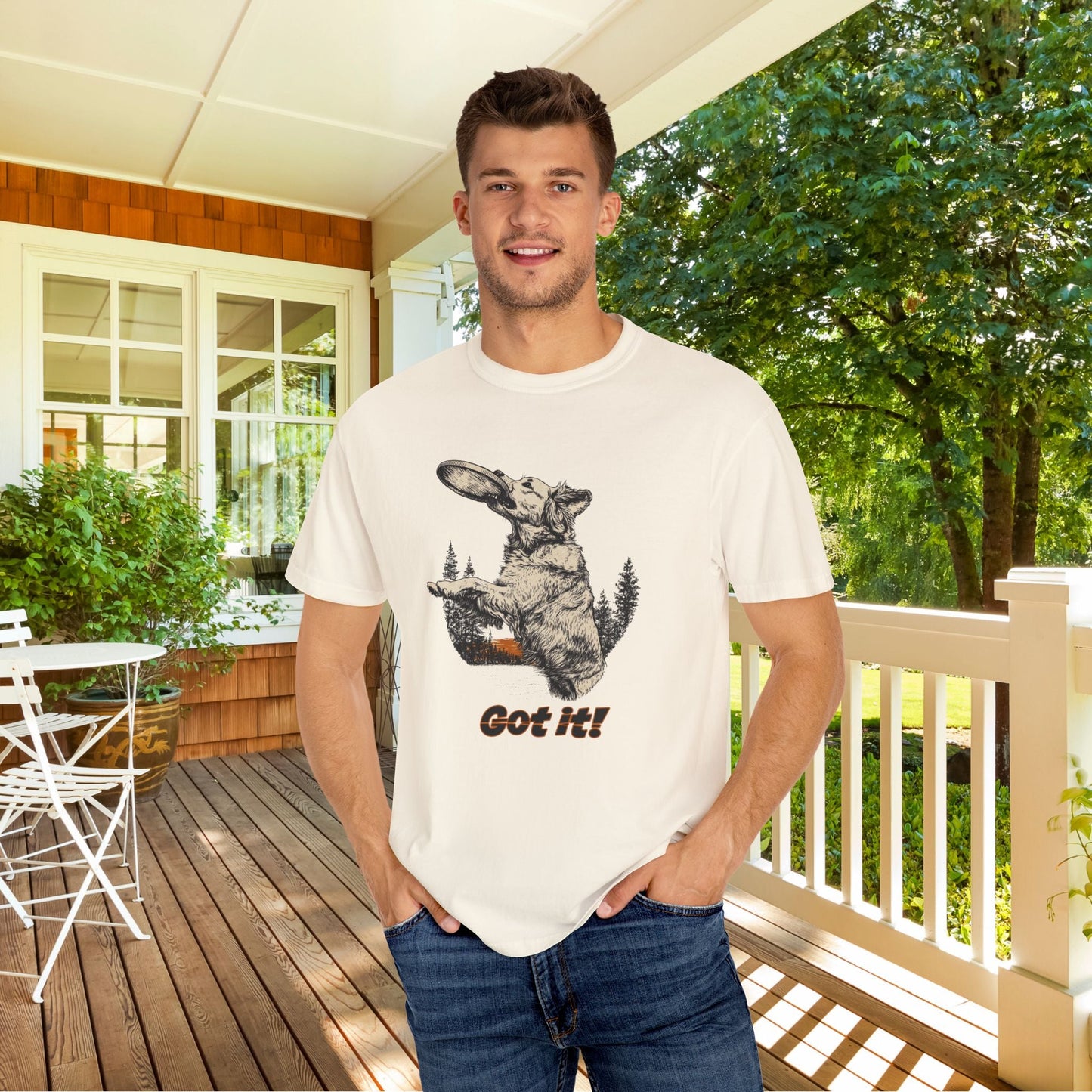Frisbee Dog Comfort Colors Tee - Jumping Dog Frisbee Sport Graphic Shirt, Gift for Dog Dads - FlooredByArt