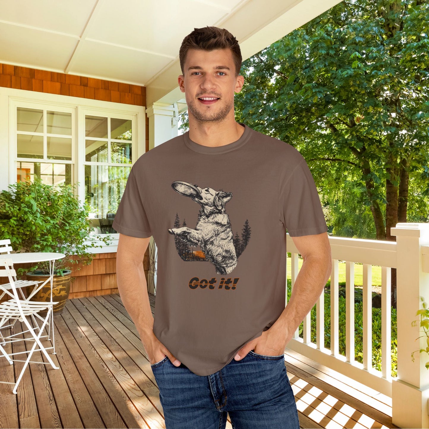 Frisbee Dog Comfort Colors Tee - Jumping Dog Frisbee Sport Graphic Shirt, Gift for Dog Dads - FlooredByArt