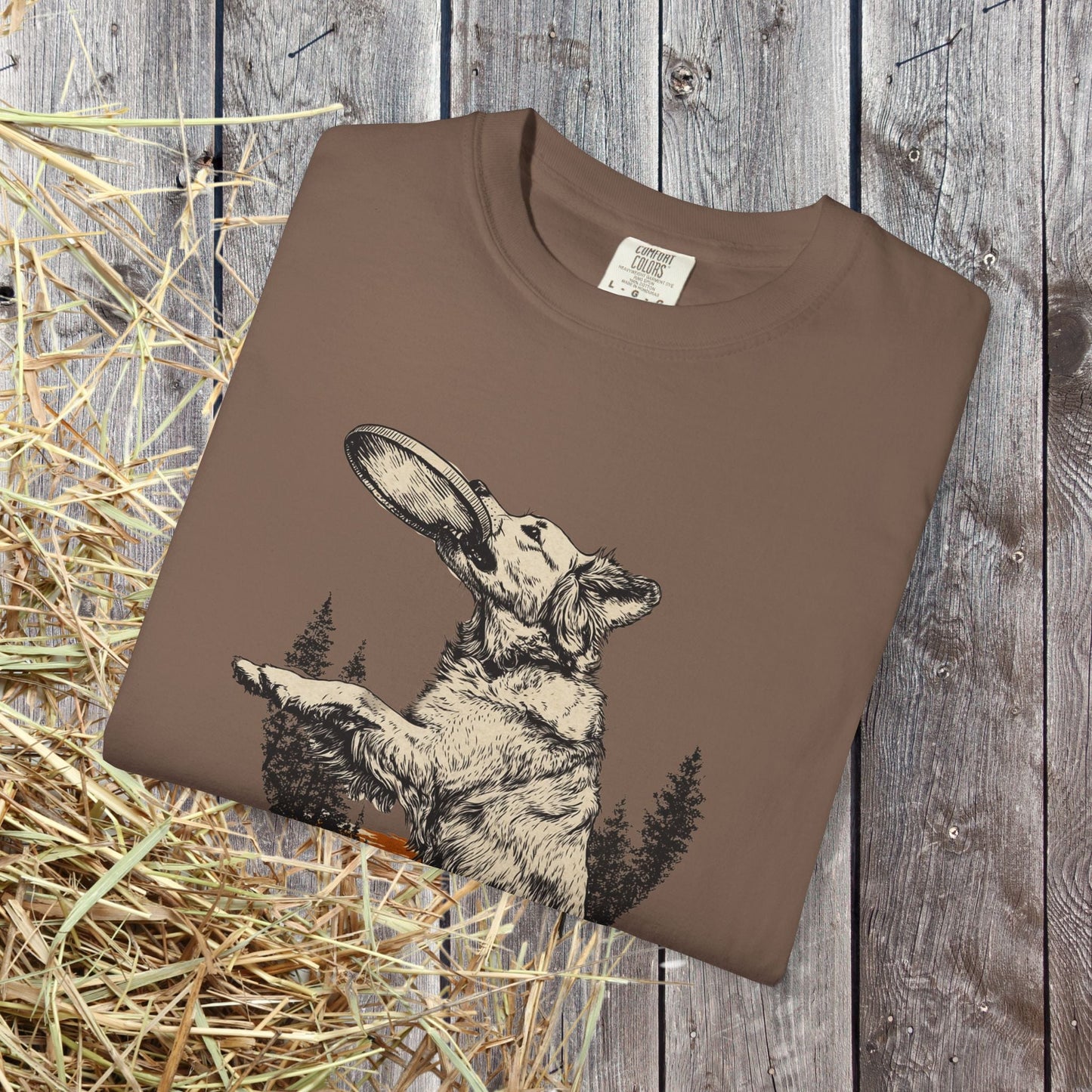 Frisbee Dog Comfort Colors Tee - Jumping Dog Frisbee Sport Graphic Shirt, Gift for Dog Dads - FlooredByArt