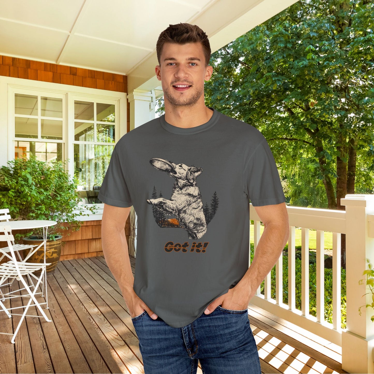 Frisbee Dog Comfort Colors Tee - Jumping Dog Frisbee Sport Graphic Shirt, Gift for Dog Dads - FlooredByArt