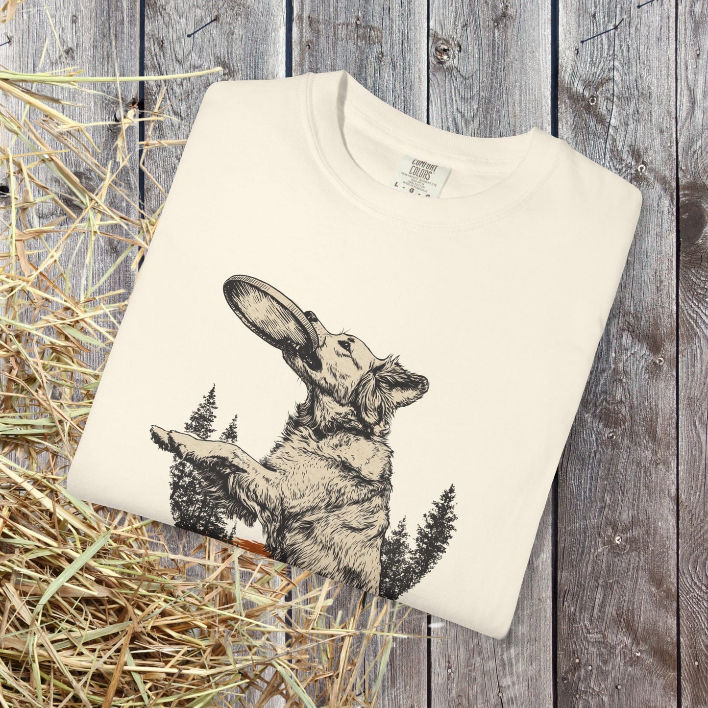 Frisbee Dog Comfort Colors Tee - Jumping Dog Frisbee Sport Graphic Shirt, Gift for Dog Dads - FlooredByArt