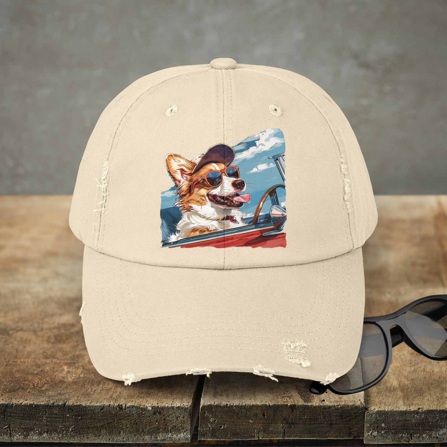 Funny Corgi Dog on Distressed Baseball Cap, Unisex Cute Corgi Road Trip Hat - FlooredByArt