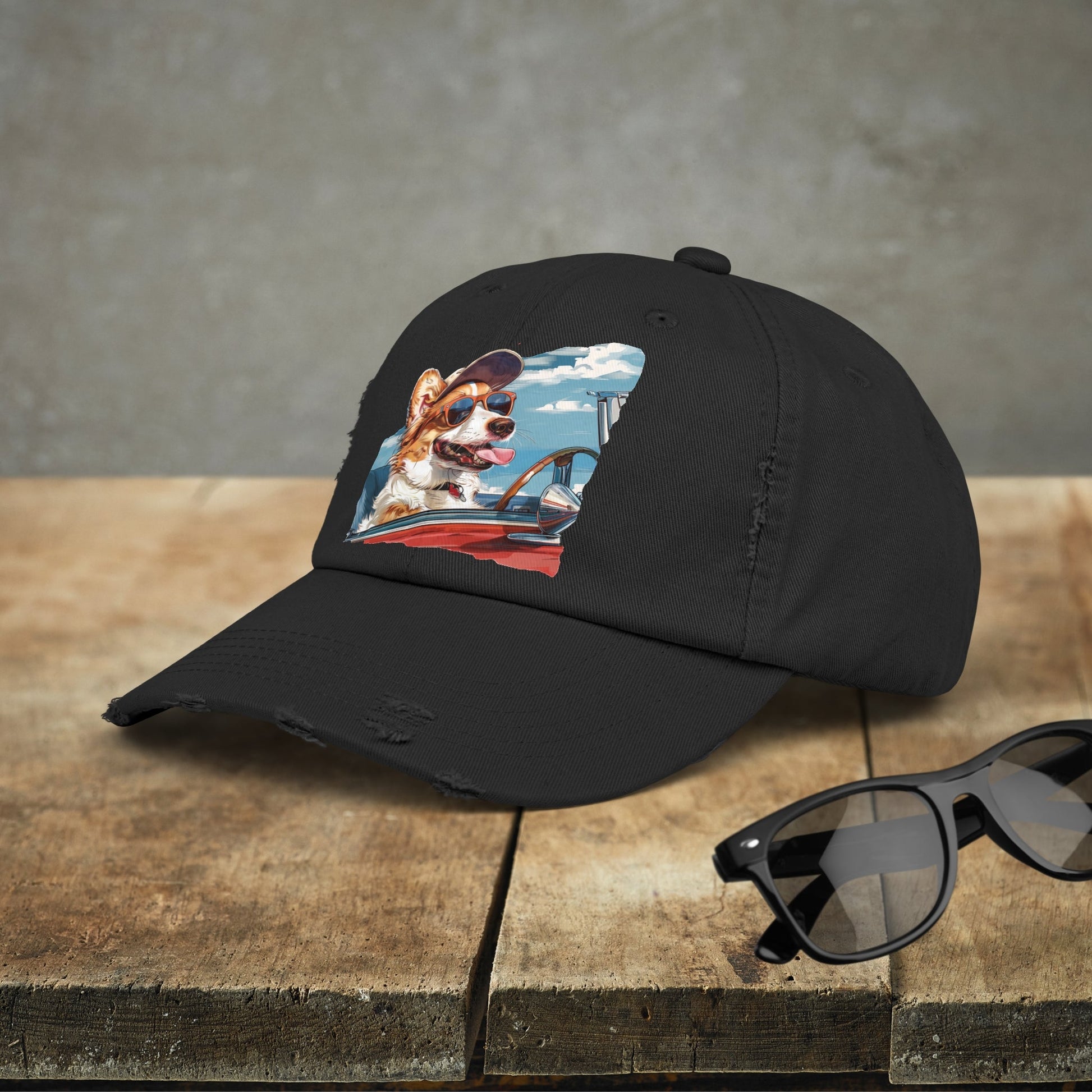Funny Corgi Dog on Distressed Baseball Cap, Unisex Cute Corgi Road Trip Hat - FlooredByArt