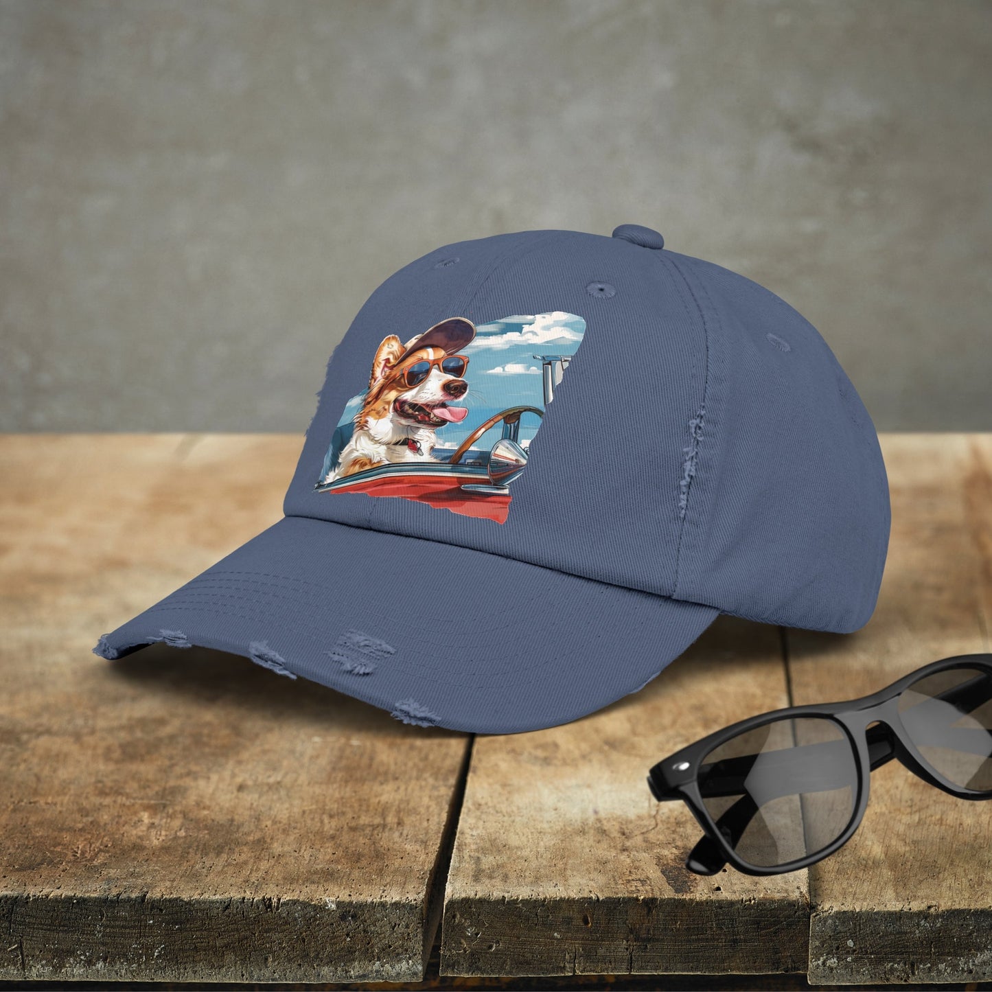 Funny Corgi Dog on Distressed Baseball Cap, Unisex Cute Corgi Road Trip Hat - FlooredByArt
