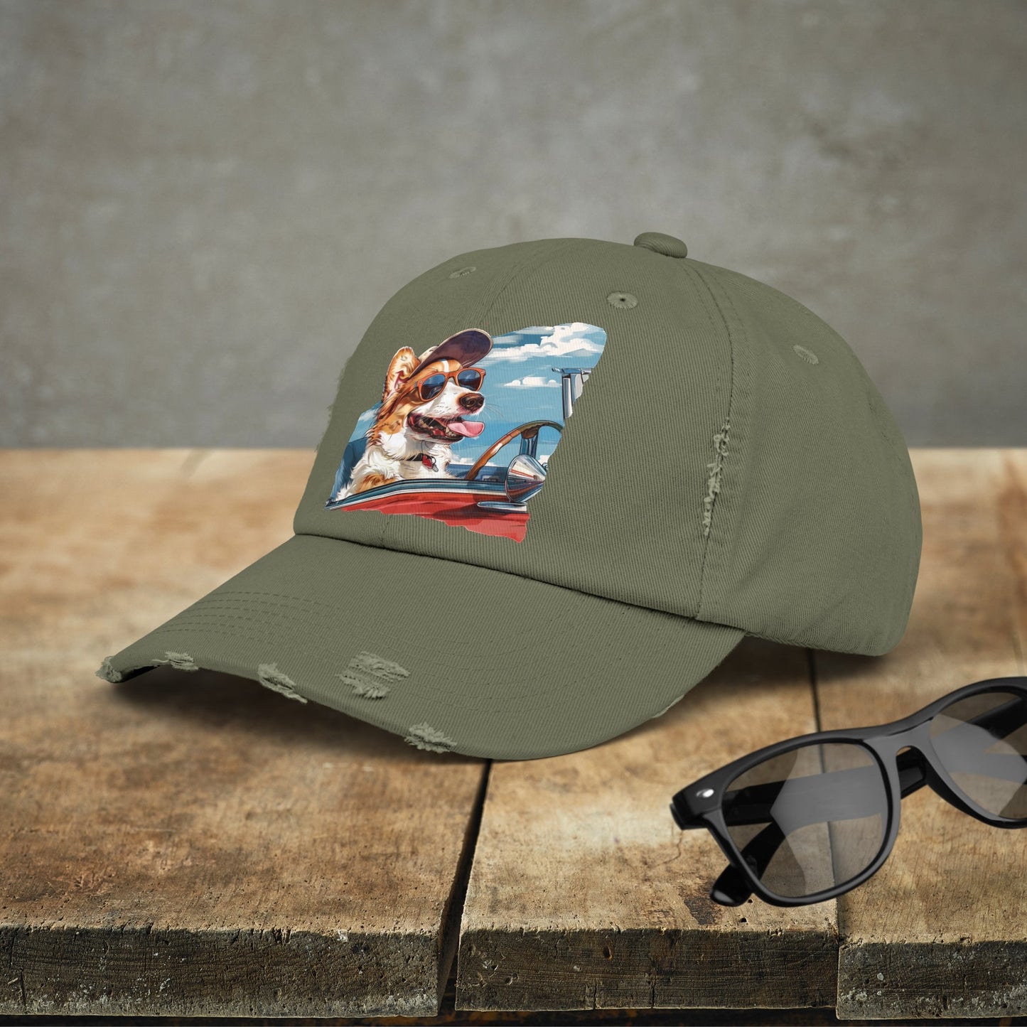 Funny Corgi Dog on Distressed Baseball Cap, Unisex Cute Corgi Road Trip Hat - FlooredByArt