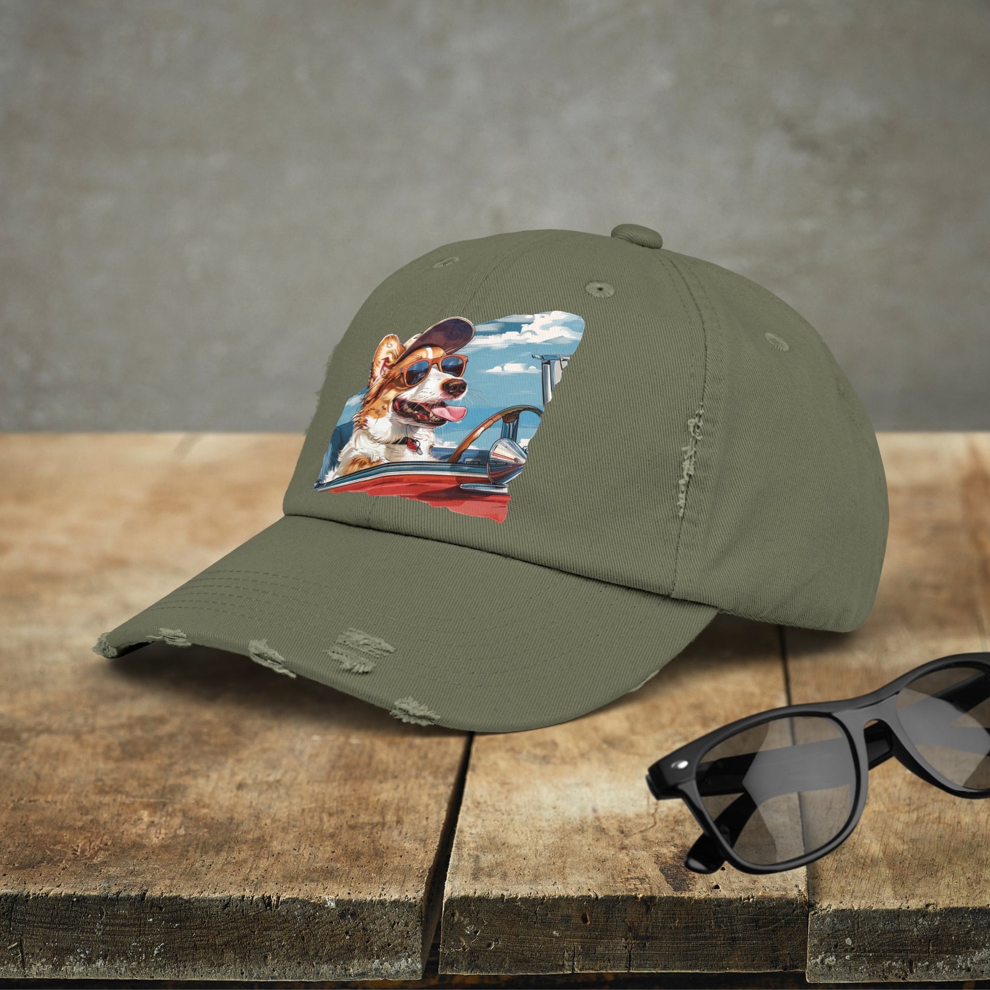 Funny Corgi Dog on Distressed Baseball Cap, Unisex Cute Corgi Road Trip Hat - FlooredByArt