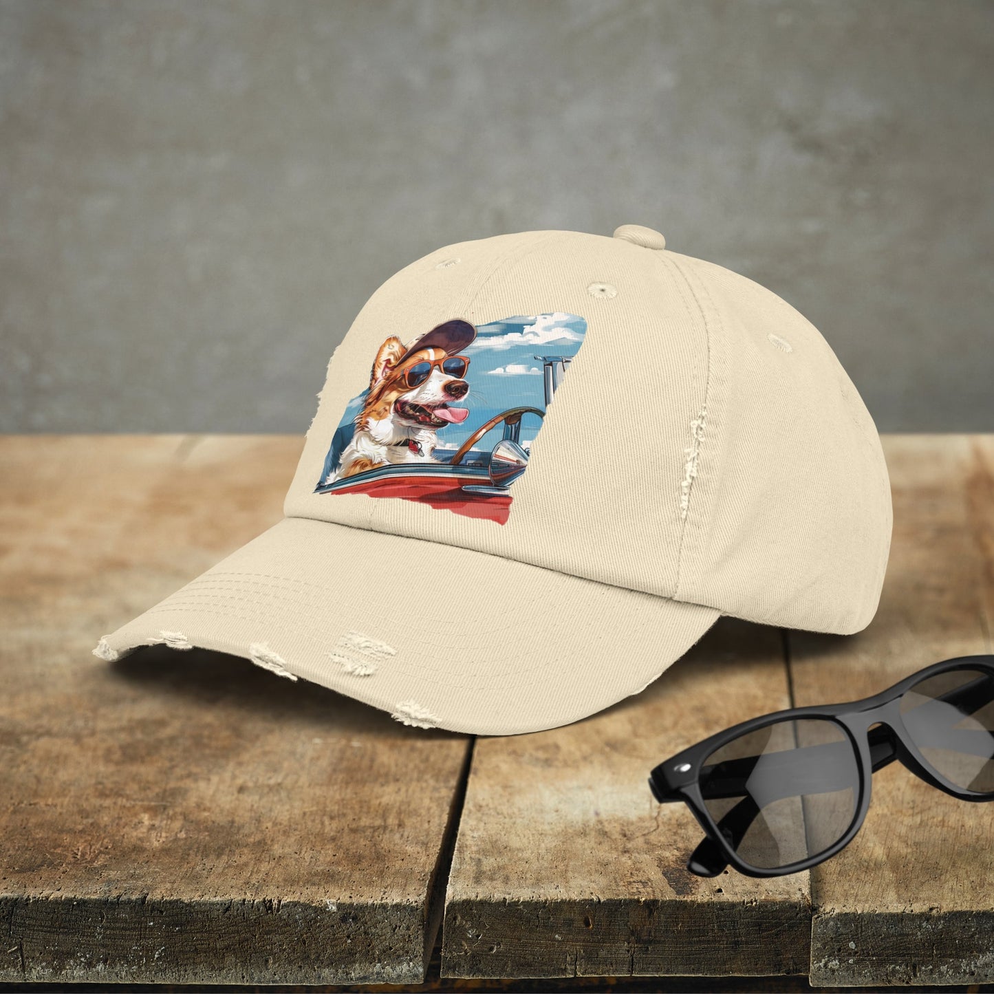 Funny Corgi Dog on Distressed Baseball Cap, Unisex Cute Corgi Road Trip Hat - FlooredByArt