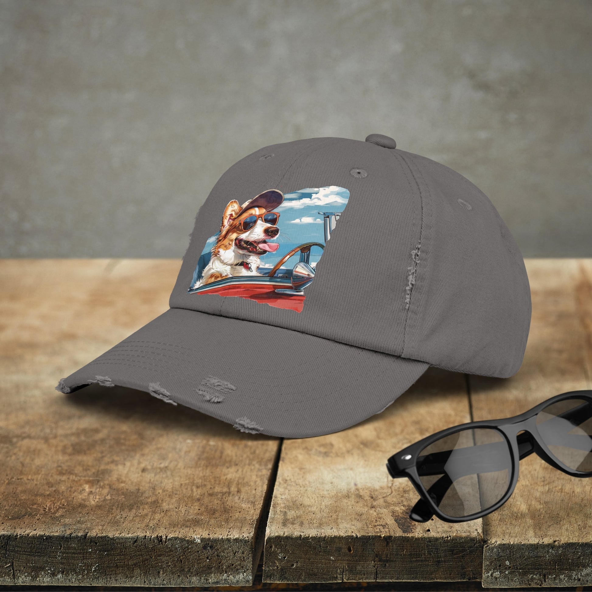 Funny Corgi Dog on Distressed Baseball Cap, Unisex Cute Corgi Road Trip Hat - FlooredByArt