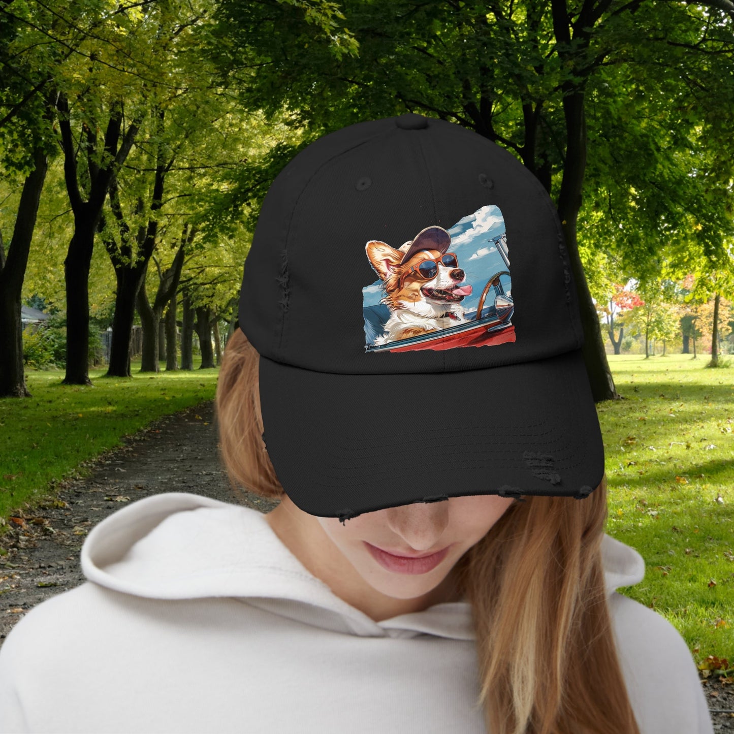 Funny Corgi Dog on Distressed Baseball Cap, Unisex Cute Corgi Road Trip Hat - FlooredByArt