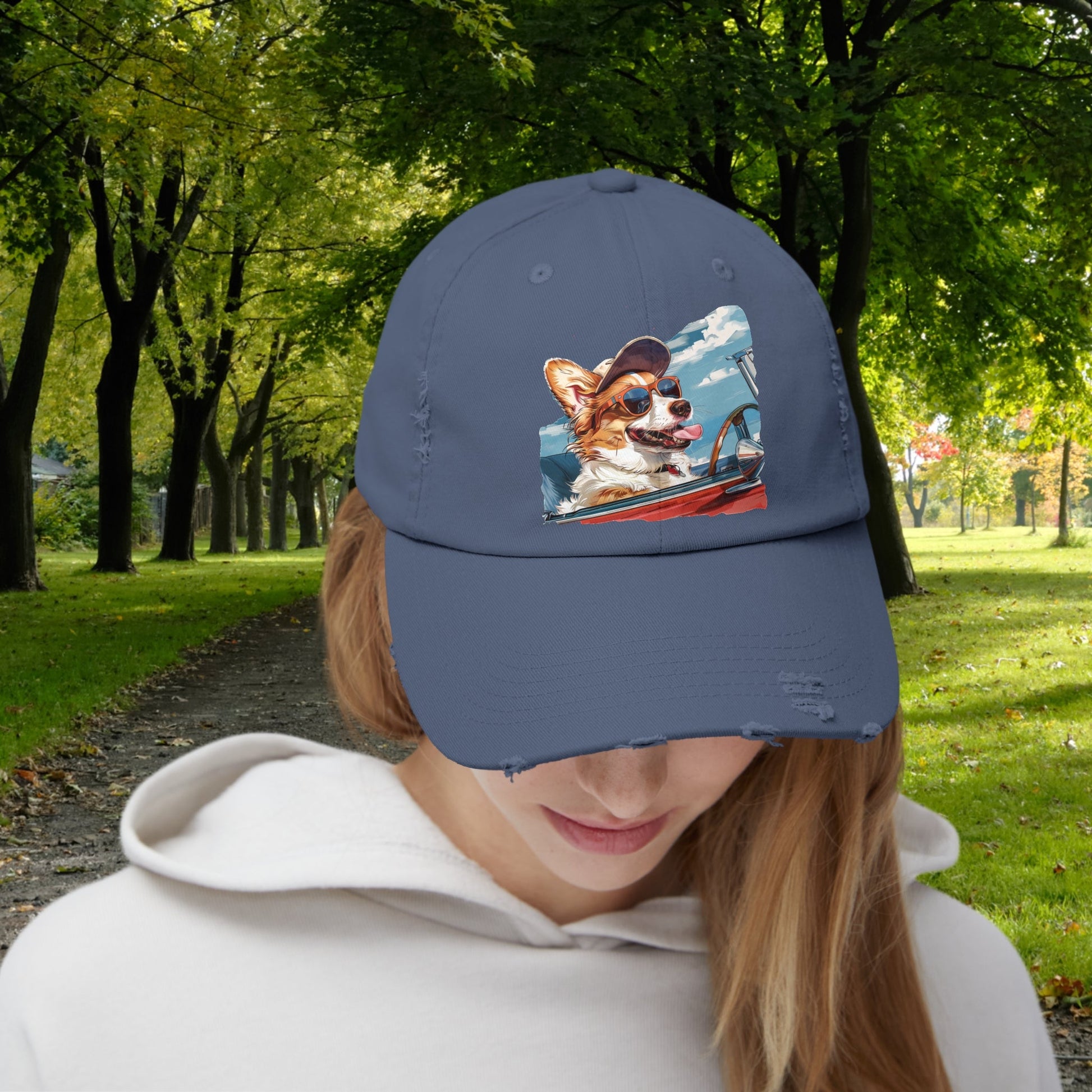 Funny Corgi Dog on Distressed Baseball Cap, Unisex Cute Corgi Road Trip Hat - FlooredByArt