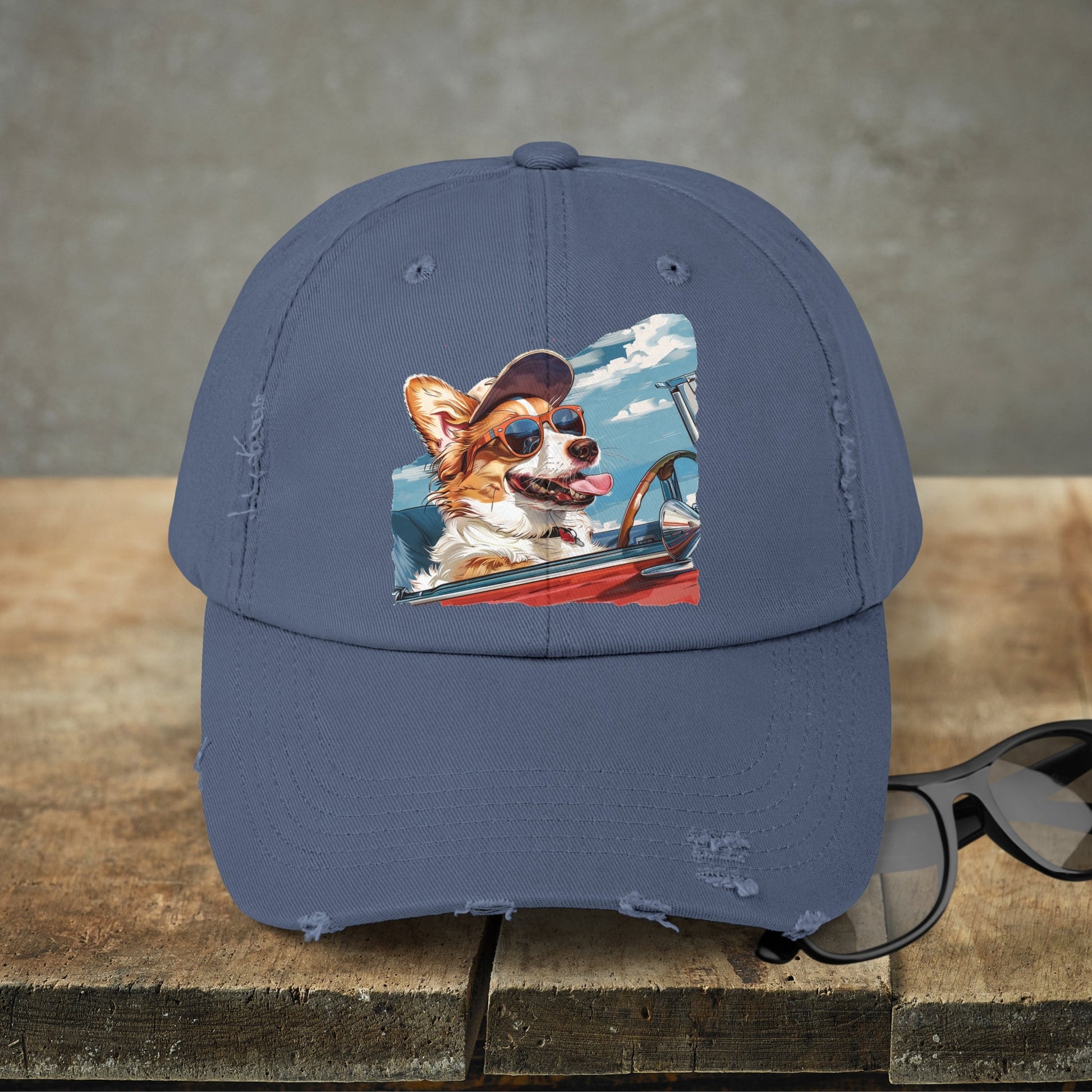 Funny Corgi Dog on Distressed Baseball Cap, Unisex Cute Corgi Road Trip Hat - FlooredByArt