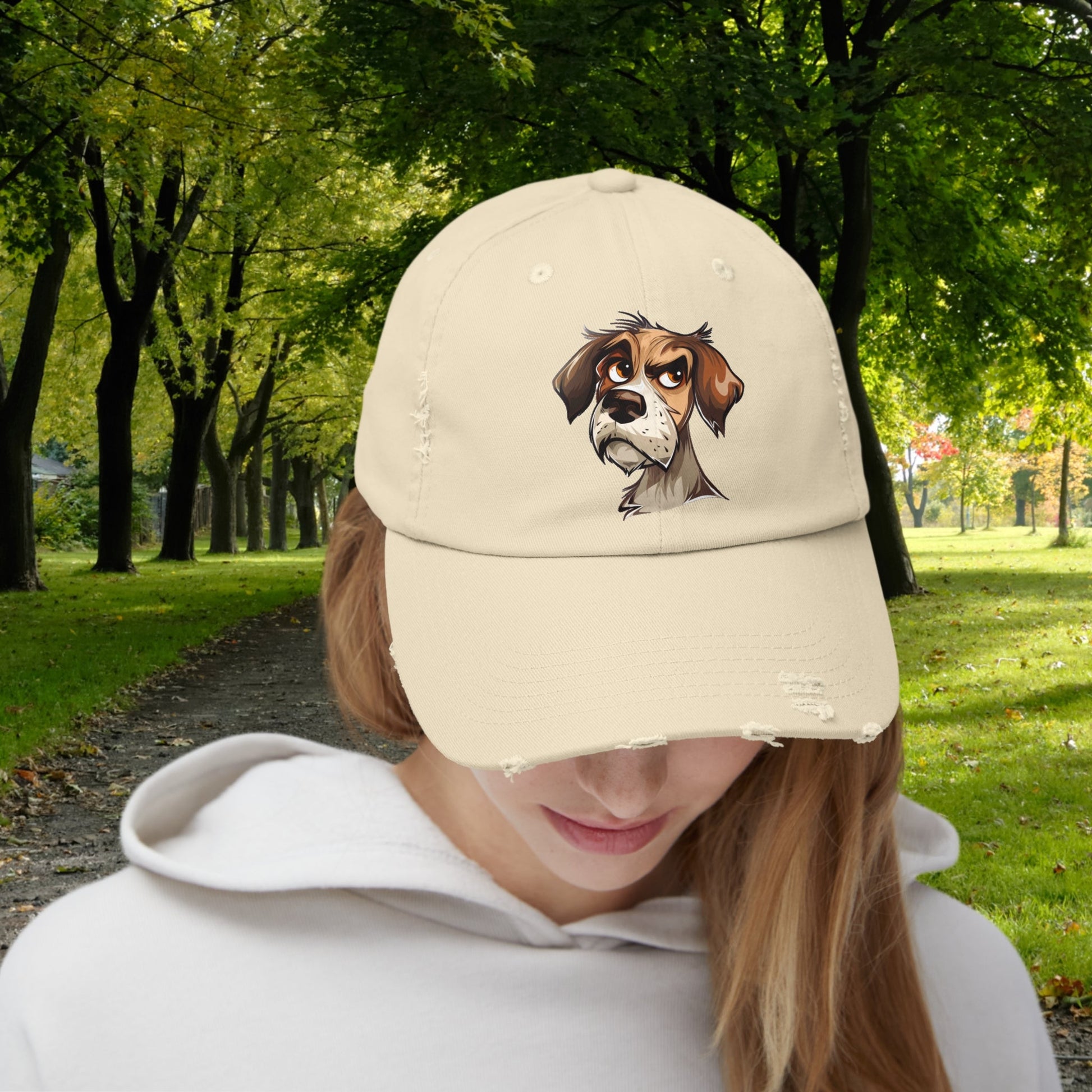 Funny Dog Distressed Baseball Cap, Unisex Cute Annoyed Dog Trucker Hat - FlooredByArt