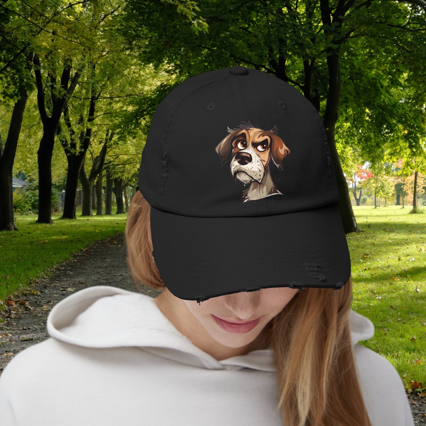 Funny Dog Distressed Baseball Cap, Unisex Cute Annoyed Dog Trucker Hat - FlooredByArt
