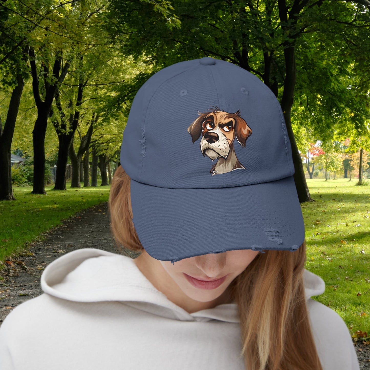 Funny Dog Distressed Baseball Cap, Unisex Cute Annoyed Dog Trucker Hat - FlooredByArt