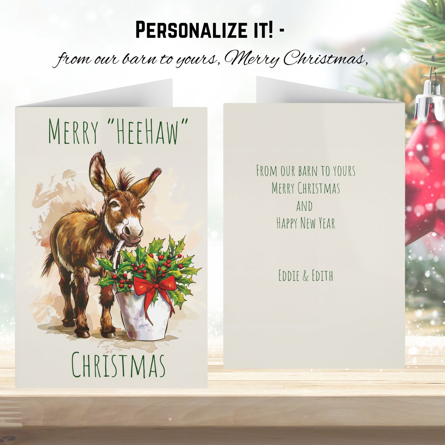 Funny HeeHaw Donkey Christmas Card, Artwork Personalized Blank Greeting Cards - FlooredByArt