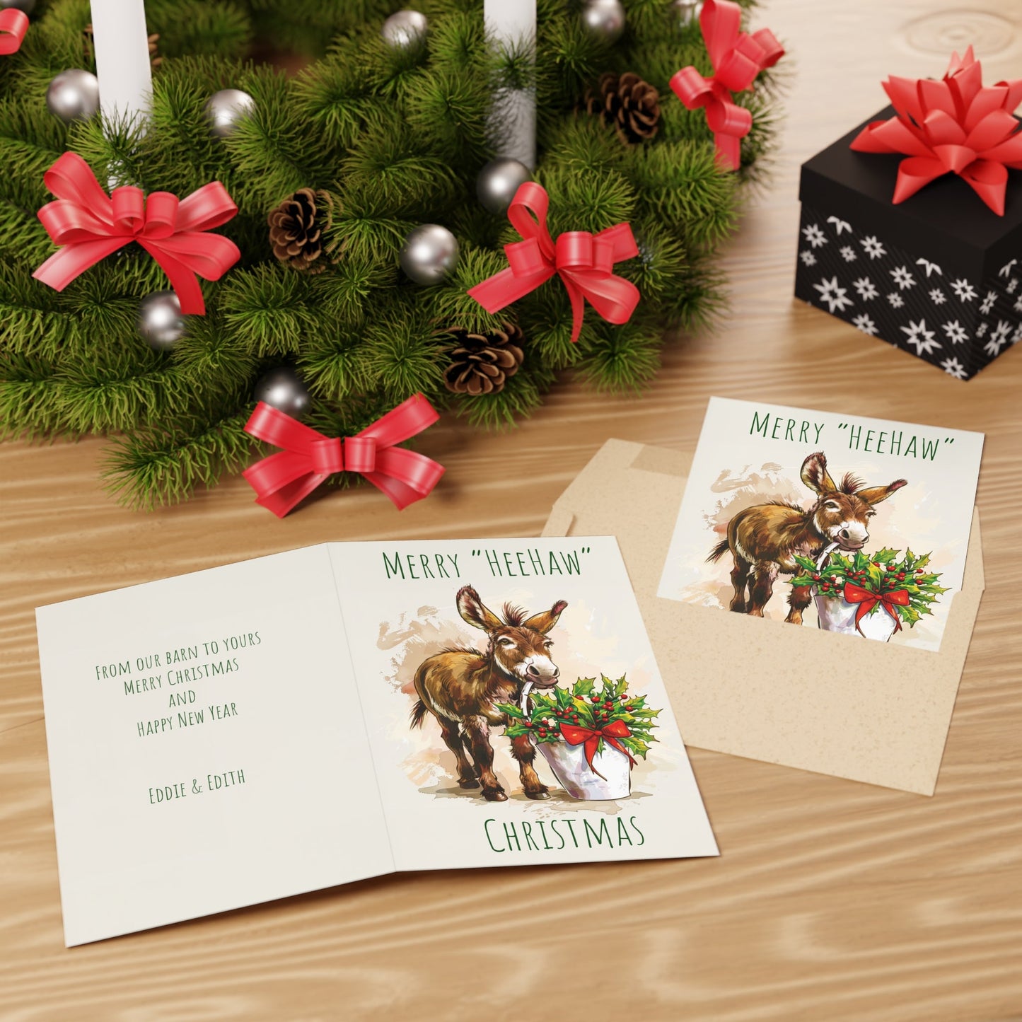 Funny HeeHaw Donkey Christmas Card, Artwork Personalized Blank Greeting Cards - FlooredByArt