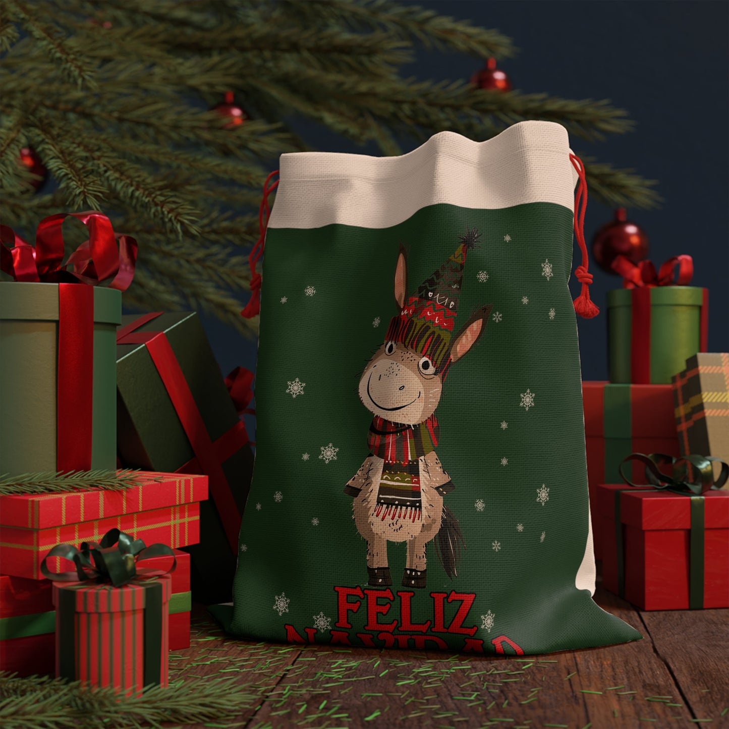 Funny Holiday Donkey Gift Bag, Merry Christmas Feliz Navidad Donkey Bag! Spanish Christmas, Happy Fun Gift Wrap Reuseable Christmas Bag - FlooredByArt