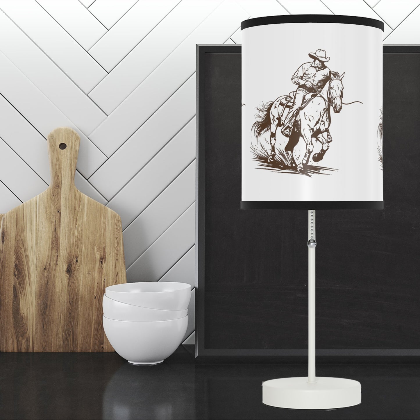 Galloping Cowboy Art Lamp, Horse Art Line Drawing Accent Lamp - FlooredByArt