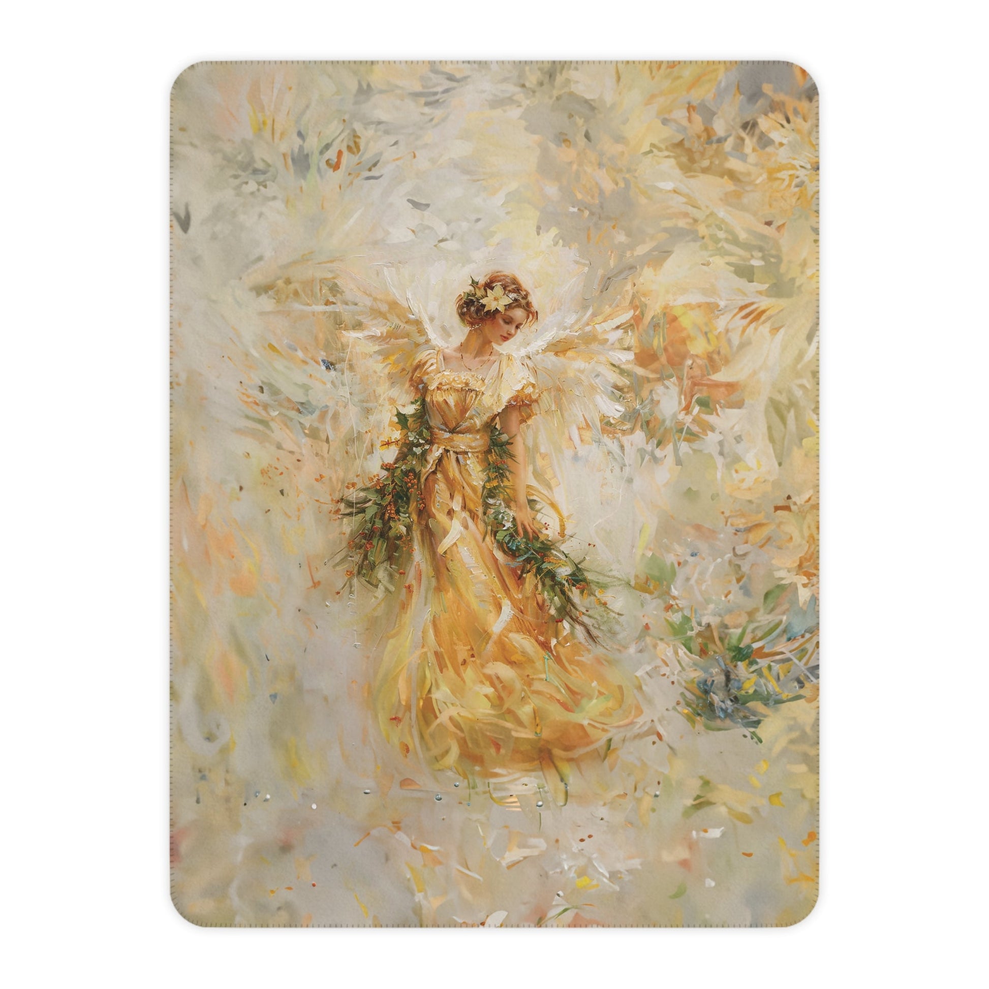 Golden Angel Blanket, Unique Religious Art Design, Gold Cream Throw, Personalized Mom or Care Gift Grandma, Memory Blanket, Nursing home - FlooredByArt