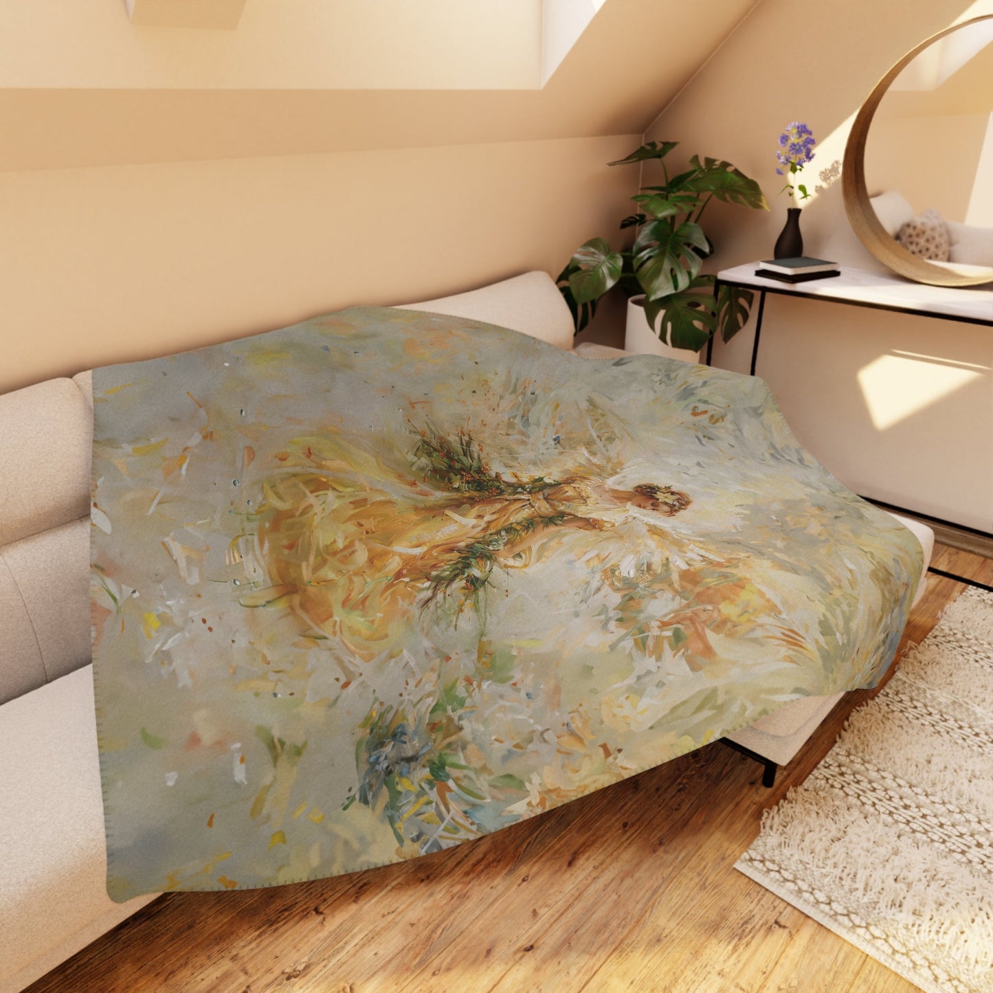 Golden Angel Blanket, Unique Religious Art Design, Gold Cream Throw, Personalized Mom or Care Gift Grandma, Memory Blanket, Nursing home - FlooredByArt